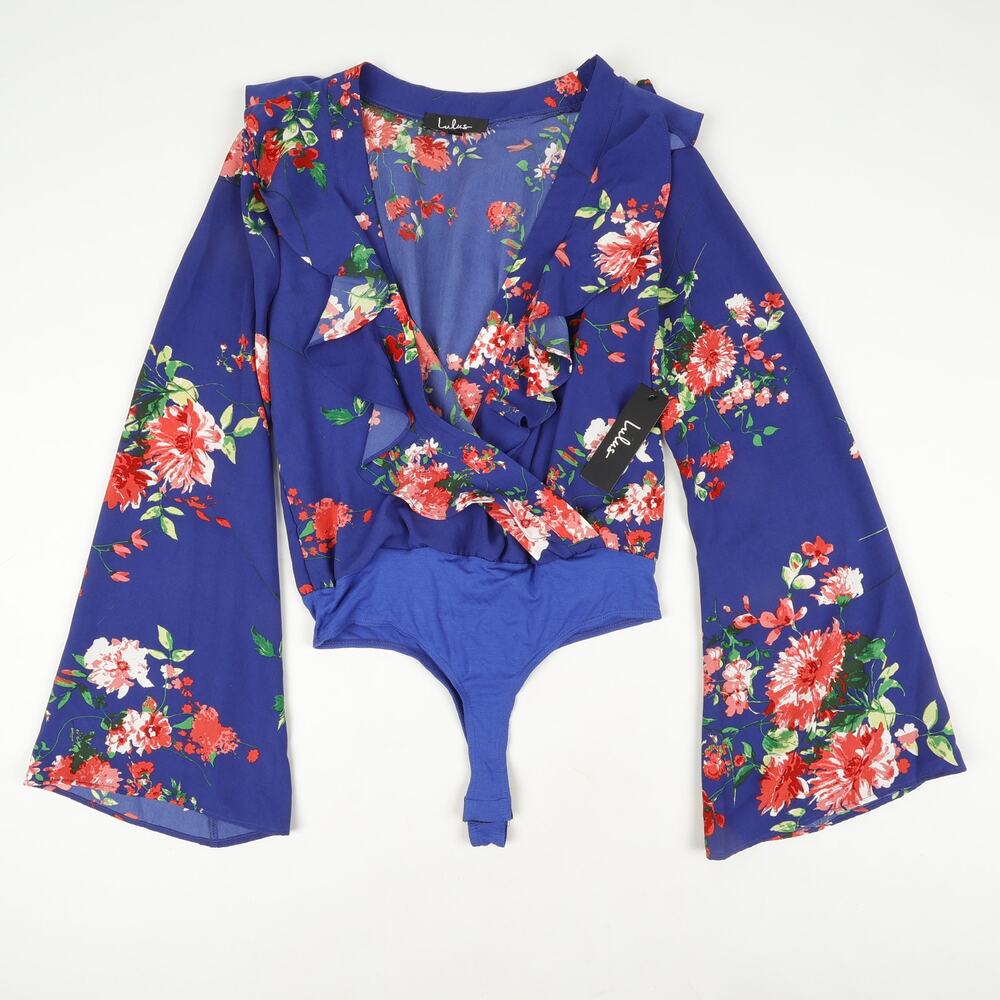 Lulus Women's S Hearts Abloom Blue Floral Print Ruffled Long Sleeve Bodysuit Top
